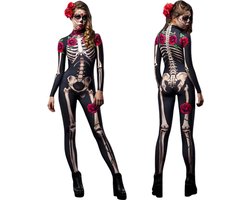 Joya Party® Skelet Verkleedpak Volwassenen | Zwarte Stretch Jumpsuit met Skelet & Rode Rozen Dames | Día de los Muertos | Sexy Halloween & Carnaval Verkleed Kostuum Vrouw | Maat M
