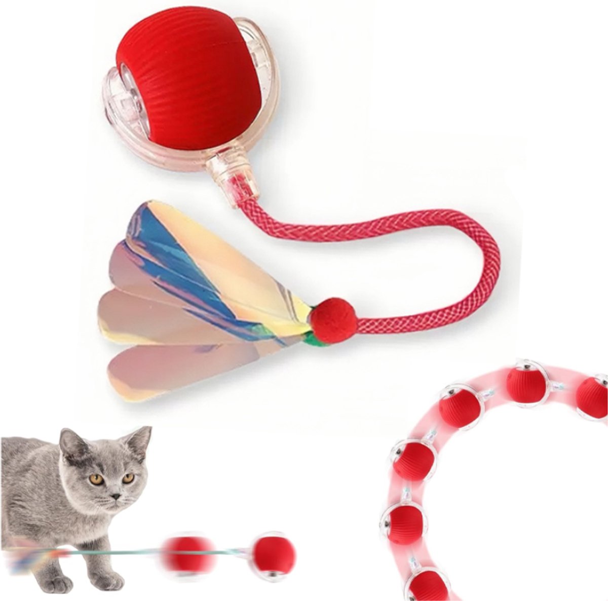 Kattenspeelgoed Interactief – Kattenspeelgoed Bal – USB Oplaadbaar – Intelligentie – met Staart – Elektrische Rolbal met Ledlicht – Interactieve Indoor Speelgoedbal voor Katten – Automatisch katten/kittenspeelgoed – Voor Katten en Kleine Honden – Roo