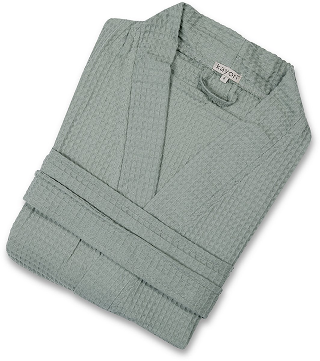 kayori Geisha Badjas Wafel Lang - Unisex - Biologisch Katoen - Donkergroen - XL - Kort