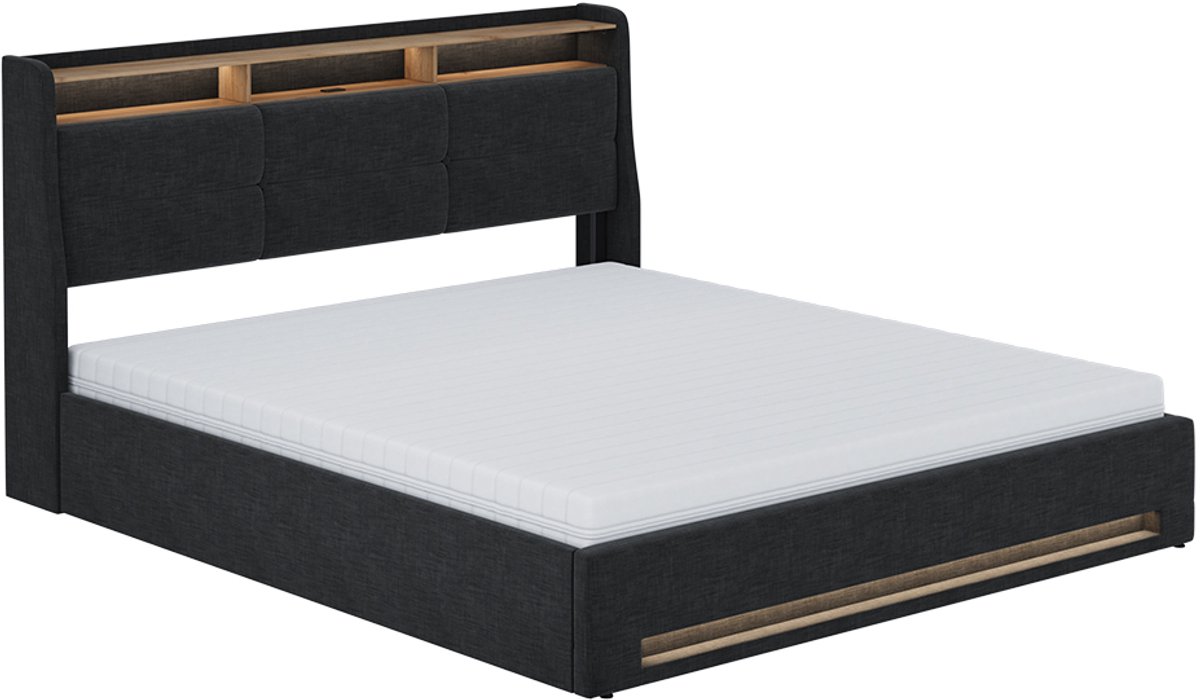 Vitalispa Christin Gestoffeerd bed – 180x200 met LED, USB-poort en matras Antraciet/eiken