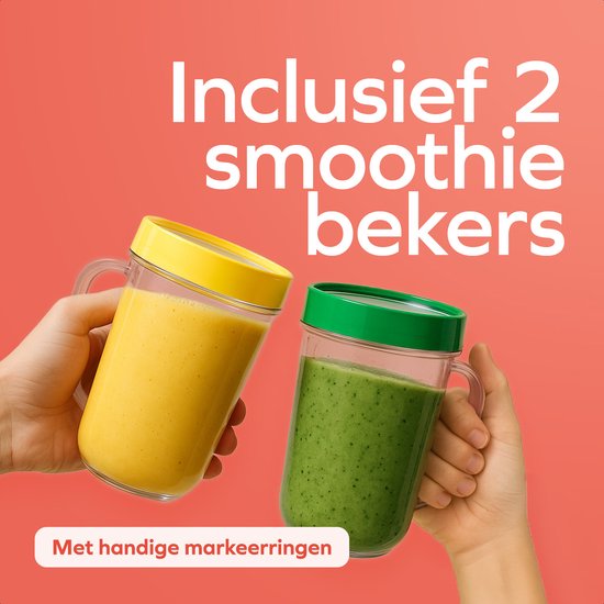 KitchenBrothers Smoothie Blender - 2-in-1 - Blender to Go - 4 Bekers - Smoothie Maker To Go - Mini Blender - Zilver
