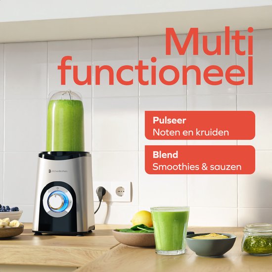 KitchenBrothers Smoothie Blender - 2-in-1 - Blender to Go - 4 Bekers - Smoothie Maker To Go - Mini Blender - Zilver