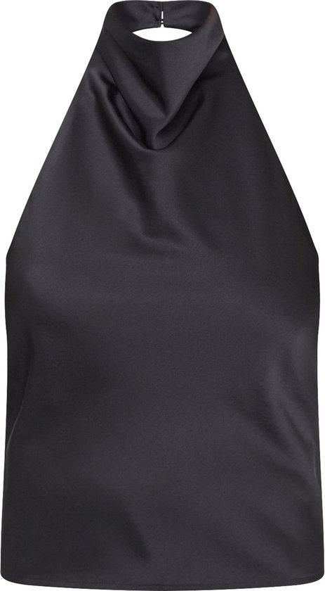 Haut noir en satin style licou, avec un col haut drapé et une fermeture à bouton dans le dos.