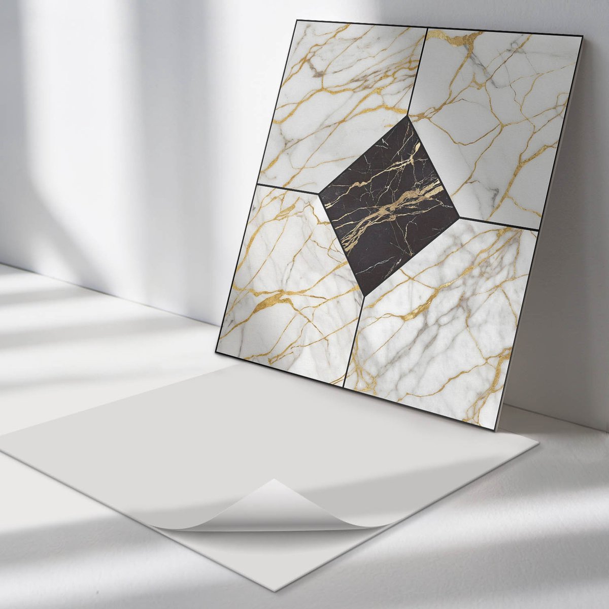 Wallfluent Vinyl Tegels - Elegant Marmerpatroon Vloer Tegels PVC - 20 cm x 20 cm - Zwart PVC Tegels - 20 stuks - Vierkant PVC Tegels - Texturen Plaktegels - Zelfklevende PVC Tegels - Plaktegels Keuken en Badkamer