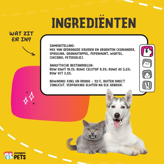 Ingrediënten voor huisdierenvoer: mix van kruiden en groenten zoals koriander, spirulina, granaatappel, pepermun, wortel, chicorei en peterselie.