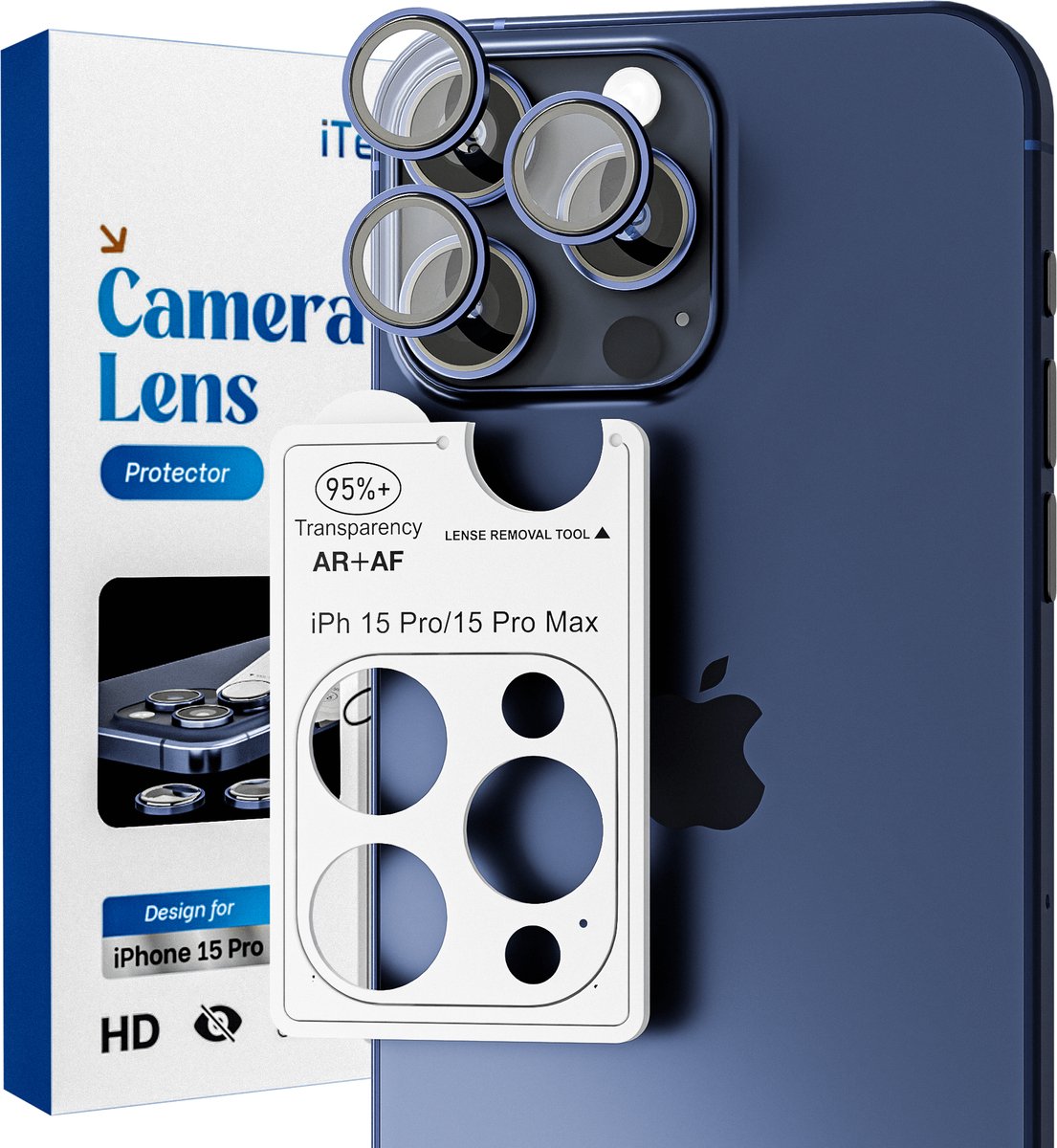 Camera Lens Screen Protector - Geschikt voor iPhone 15 Pro /15 Pro Max - 9H Bescherming - Donker Blauw