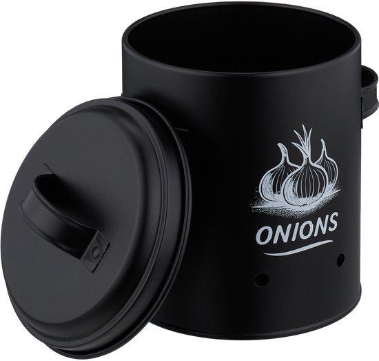Zwarte metalen uienpot met deksel naast de pot, met een afbeelding van uien en het woord 'Onions'.