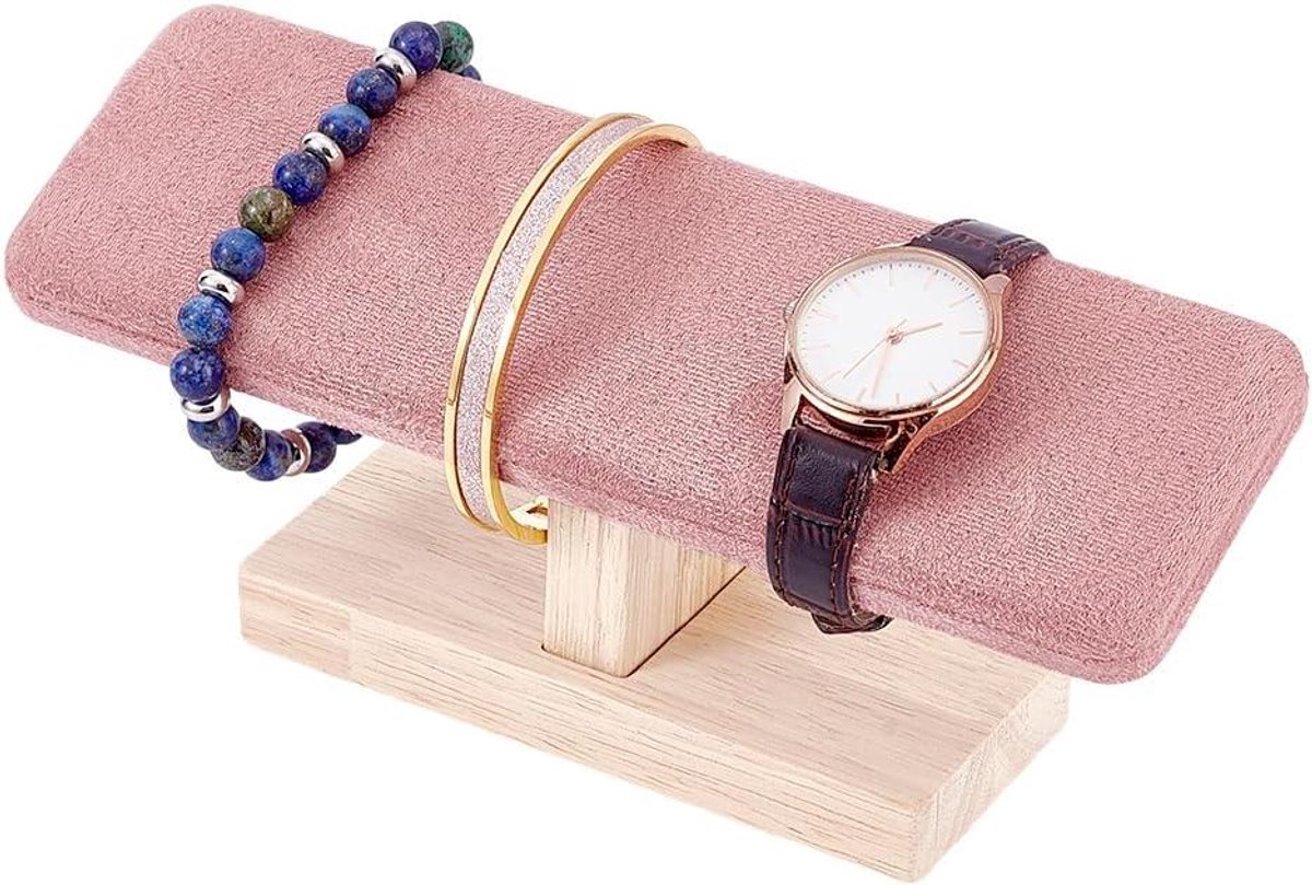 Allecto plus - Houten Horloge Display Stand met T-Bar en Fluwelen Armband Houder - Roze Sieraden Organizer voor Thuisgebruik - Horloge en Sieraden Display Tower Rack