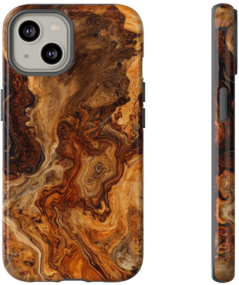 Luxe Burlhoutstructuur met Glanzende Afwerking – Telefoonhoesje Geschikt voor iPhone 14