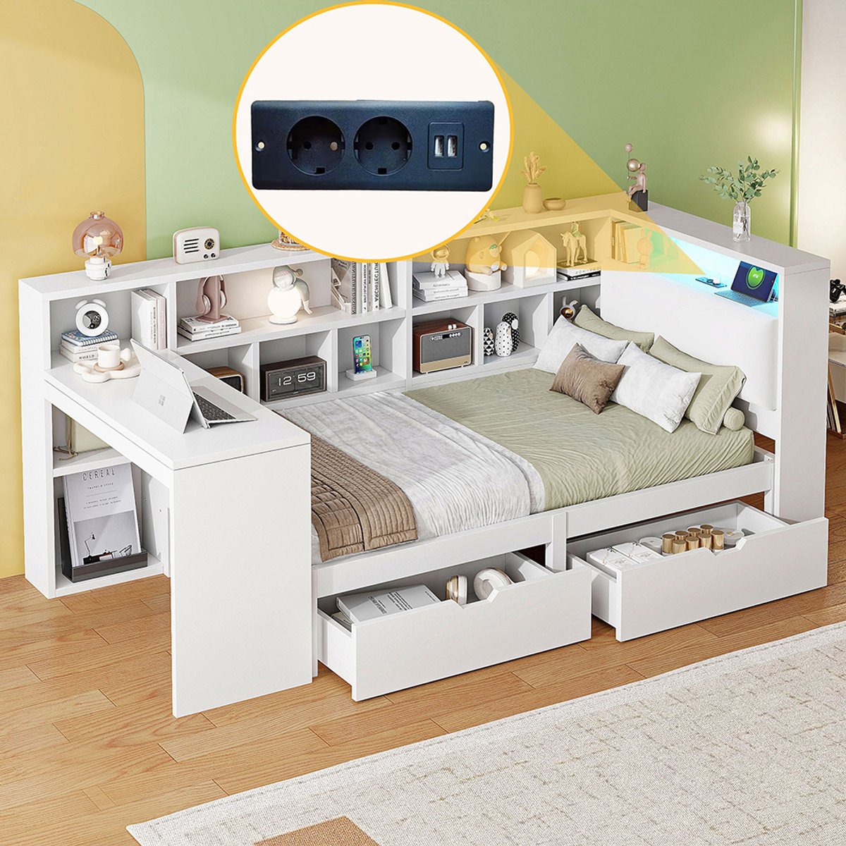 KOMHTOM L-vormig houten platformbed 90x200 met bureau en boekenkast, hoekbed met gestoffeerd hoofdeinde, lades onder het bed, ledverlichting - Wit