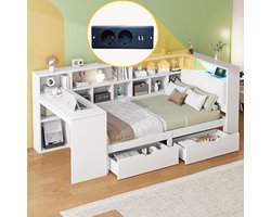 Komhtom L-vormig houten platformbed 90x200 met bureau en boekenkast, hoekbed met gestoffeerd hoofdeinde, lades onder het bed, ledverlichting - Wit