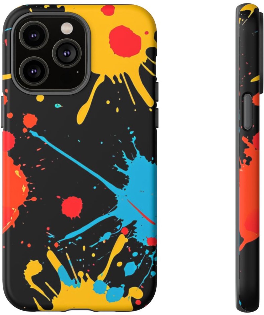 Kleurrijke Verfspatten op Zwart – Telefoonhoesje Geschikt voor iPhone 14 Pro Max