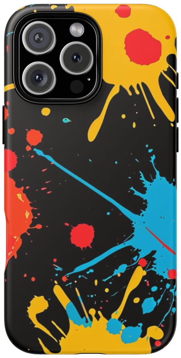 Kleurrijke Verfspatten op Zwart – Telefoonhoesje Geschikt voor iPhone 16 Pro Max