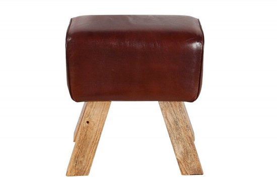 Tabouret rétro TURNBOCK 40 cm avec revêtement en cuir véritable, tabouret en bois de manguier - 36268