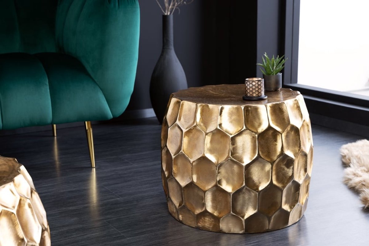 Invicta Interior Design bijzettafel ORGANIC ORIENT 55cm goud metaal gehamerd nachtkastje handgemaakt rond - 42226 Zie omschrijving