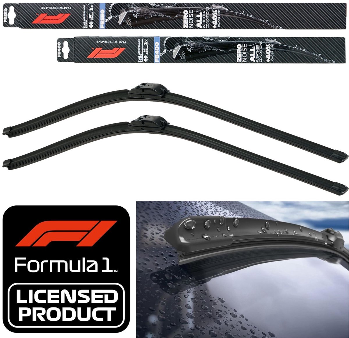 F1 Set platte wisserbladen 550/400 Links + Rechts voor Dacia/Ford/Kia/Nissan/Opel/etc.