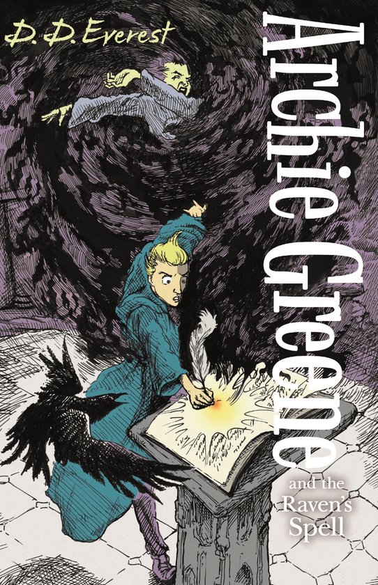 Archie Greene 3 - Archie Greene en de Vloek van de Raaf. Een jongen in een blauwe mantel schrijft met een veer in een boek, een raaf zit op de rand. Een man in het paars zweeft boven hen.