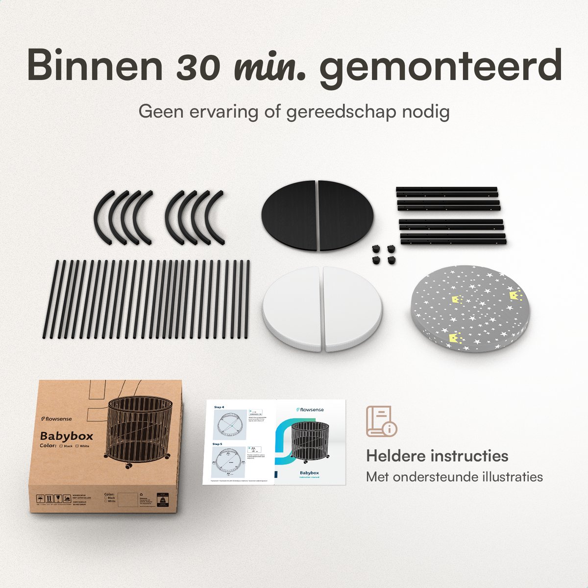 Flowsense Baby Box – Ronde Speelbox - Grondbox - Kinderbox - Playpen – Met Matras – Verstelbare Hoogtes – Wielen - Zwart – foto 8
