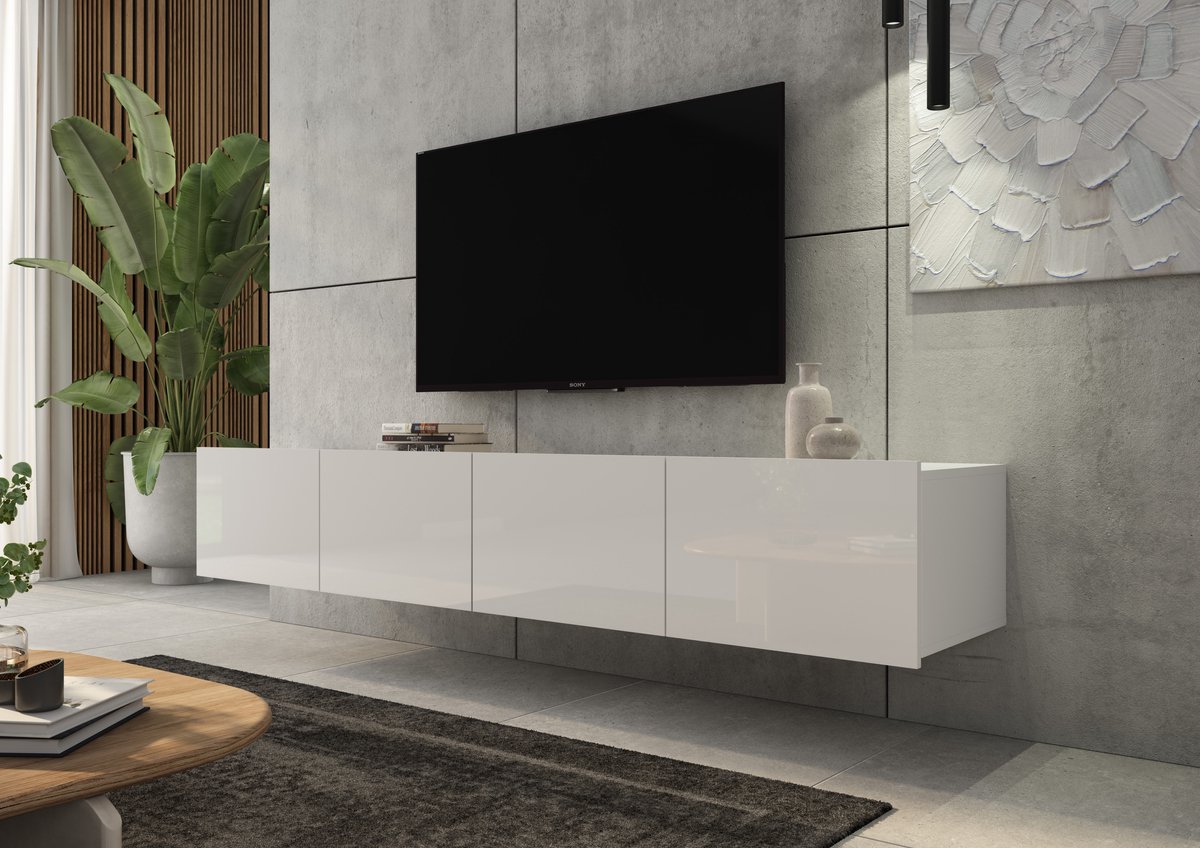 Promeubels - Tv meubel Cosenza - Wit hooglans - 200cm (2x 100cm) - Tv kast - Hangend of staand