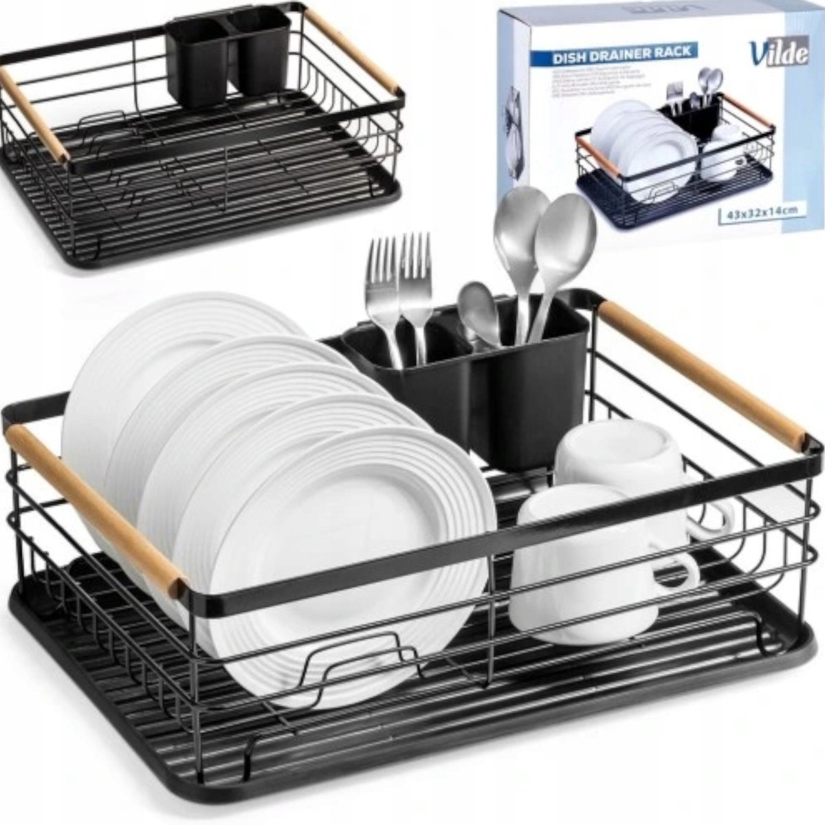 Zwarte metalen afdruiprek voor servies - 43x32x14,5 cm