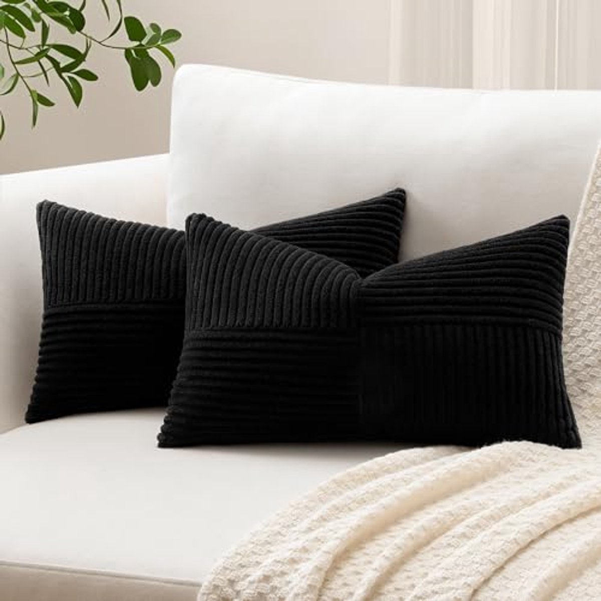 Decoratieve Kussenhoezen Set van 2 - Zachte Corduroy, 30 x 50 cm, Gestreept en Effenen Lumbale Kussenslopen