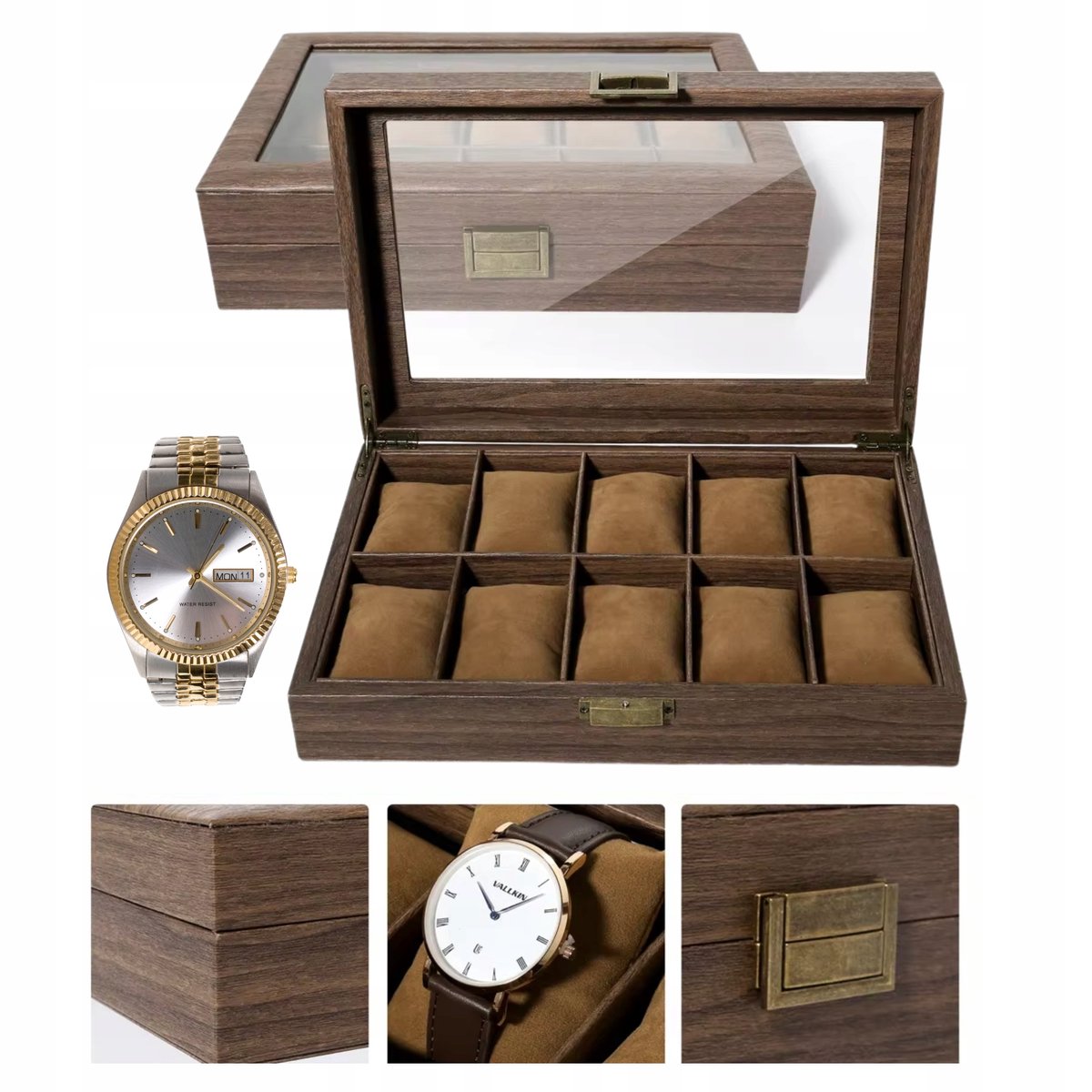 Elegante Bruine Horlogedoos voor 10 Horloges met Glazen Deksel