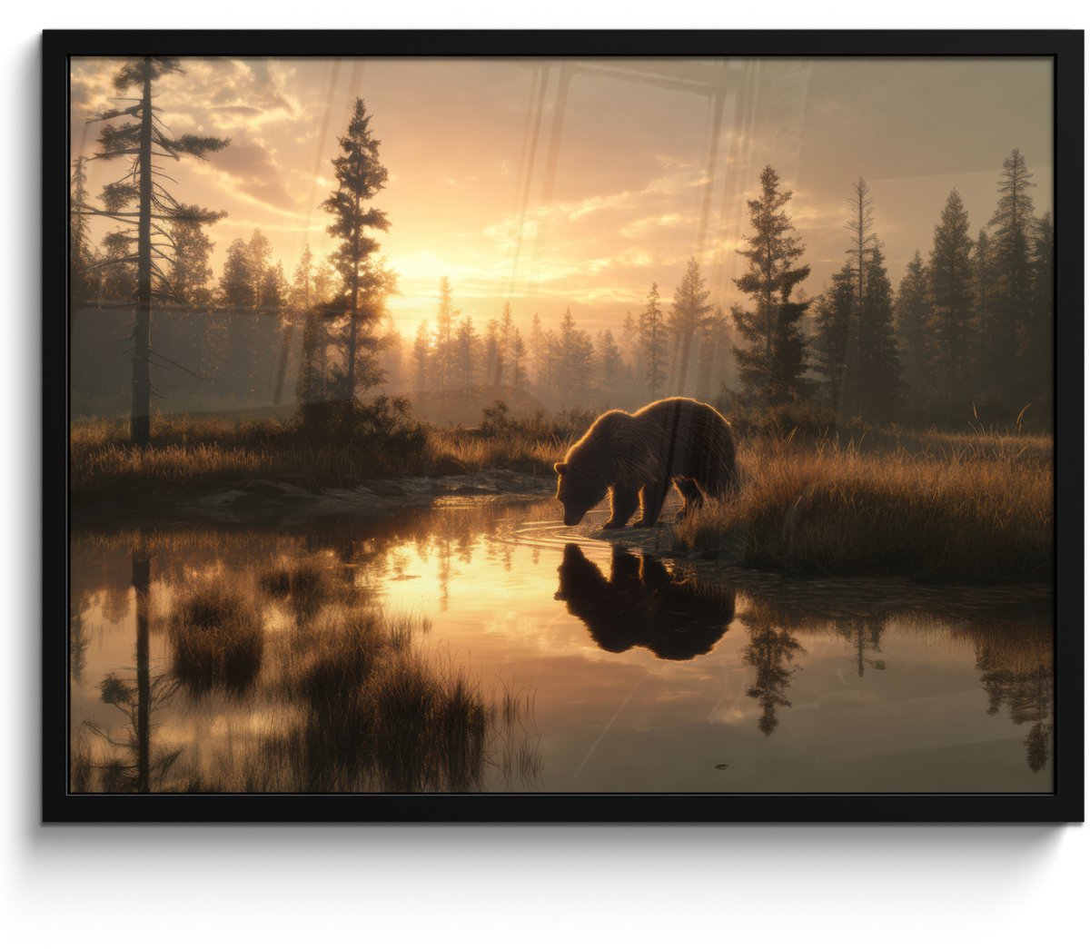 FrameYourWall Poster in lijst - Fotolijst 80x60 cm - Posters - Beer - water - Bos - Ochtendlicht - Posterlijst zwart - Decoratie - Wanddecoratie woonkamer - Muurdecoratie slaapkamer