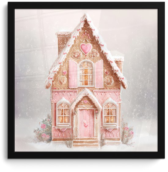 Poster in lijst - Fotolijst 40x40 cm - Posters - Huisje - Suiker - Pastel - Posterlijst zwart - Decoratie - Wanddecoratie woonkamer - Muurdecoratie slaapkamer - Kerstversiering - Kerstdecoratie voor binnen - Kerstmis