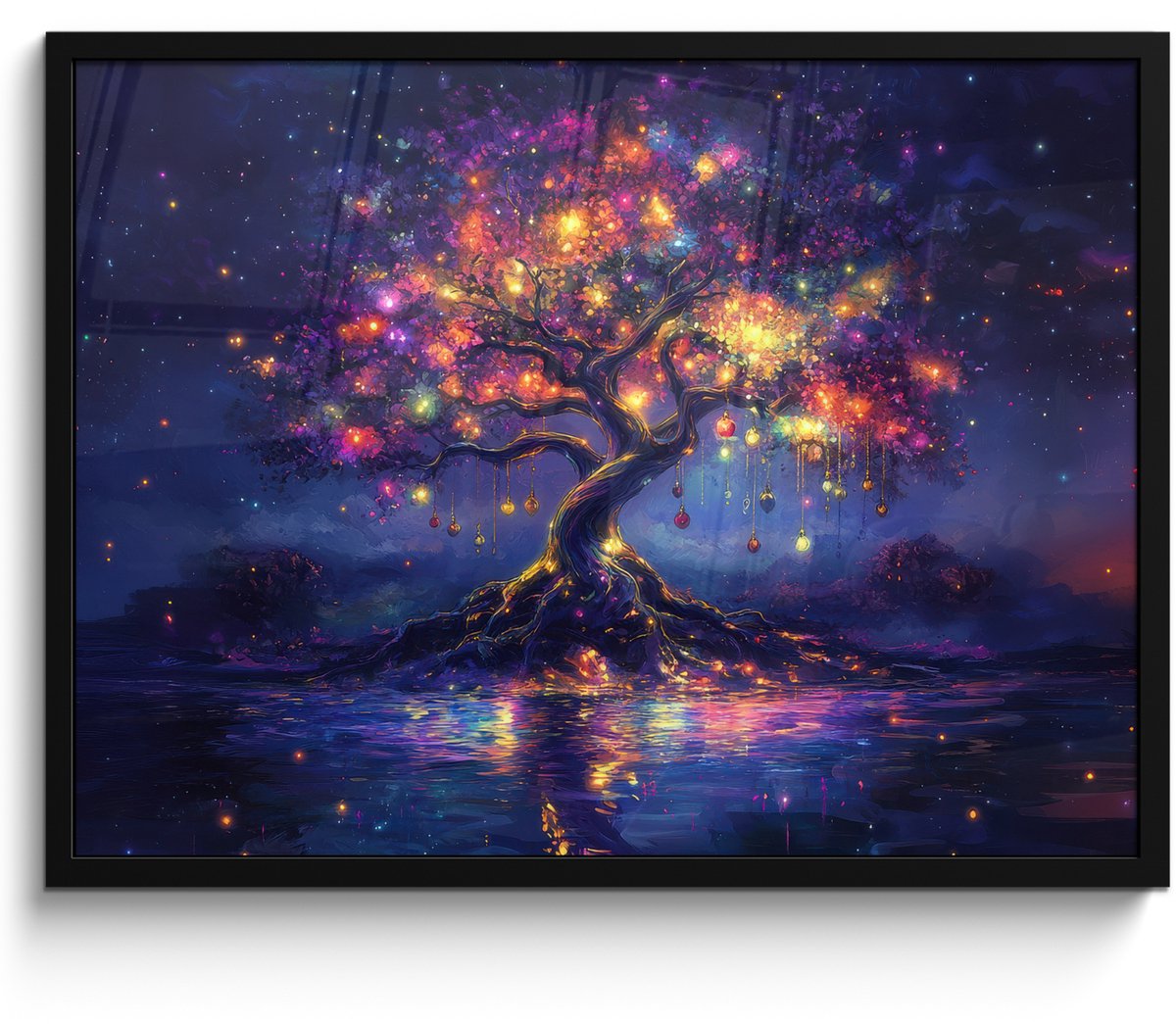 FrameYourWall Poster in lijst - Fotolijst 80x60 cm - Posters - Kosmisch - lichtboom - Kerst - Kleurrijk - Posterlijst zwart - Decoratie - Wanddecoratie woonkamer - Muurdecoratie slaapkamer - Kerstversiering - Kerstdecoratie voor binnen - Kerstmis