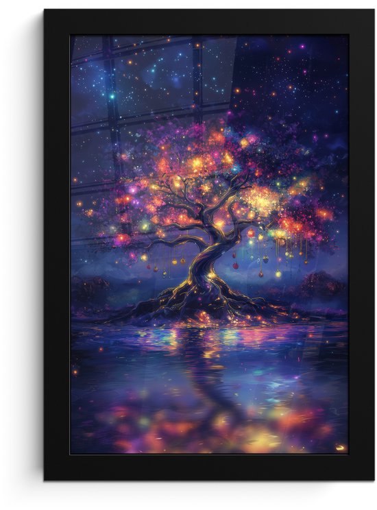 Poster in lijst - Fotolijst 20x30 cm - Posters - Kosmisch - lichtboom - Kerst - Kleurrijk - Posterlijst zwart - Decoratie - Wanddecoratie woonkamer - Muurdecoratie slaapkamer - Kerstversiering - Kerstdecoratie voor binnen - Kerstmis