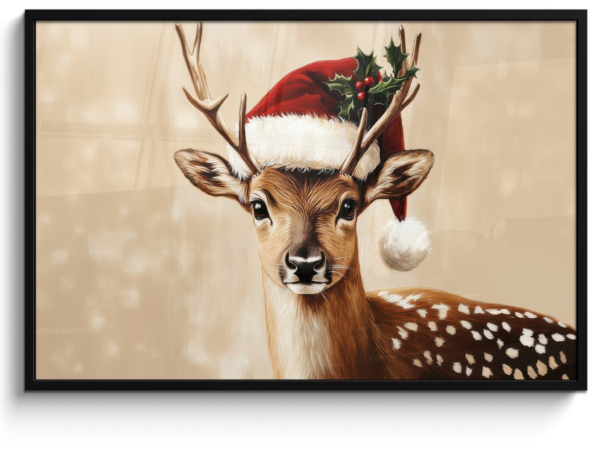 FrameYourWall Poster in lijst - Fotolijst 120x80 cm - Posters - Kerst - Hert - Gewei - Rood - Posterlijst zwart - Decoratie - Wanddecoratie woonkamer - Muurdecoratie slaapkamer - Kerstversiering - Kerstdecoratie voor binnen - Kerstmis