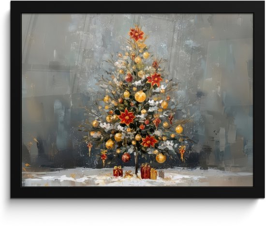 Poster in lijst - Fotolijst 40x30 cm - Posters - Kerstboom - Cadeaus - Rood - Goud - Posterlijst zwart - Decoratie - Wanddecoratie woonkamer - Muurdecoratie slaapkamer - Kerstversiering - Kerstdecoratie voor binnen - Kerstmis