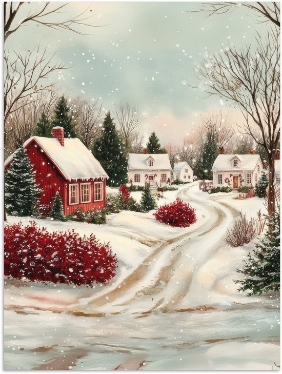 Poster 60x80 cm - Kerstsfeer - Landelijk - Rood - Posters - Kamer decoratie - Wanddecoratie woonkamer - Muurdecoratie slaapkamer - Kerstversiering - Kerstdecoratie voor binnen - Kerstmis