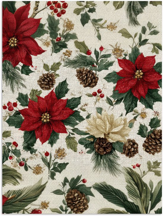 Poster 30x40 cm - Feestelijk - Textielpatroon - Kerstbloemen - Kleurrijk - Posters - Kamer decoratie - Wanddecoratie woonkamer - Muurdecoratie slaapkamer - Kerstversiering - Kerstdecoratie voor binnen - Kerstmis