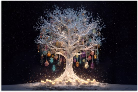 Poster 120x80 cm - Sneeuwboom - Lichtjes - Wit - Kleurrijk - Posters - Kamer decoratie - Wanddecoratie woonkamer - Muurdecoratie slaapkamer - Kerstversiering - Kerstdecoratie voor binnen - Kerstmis