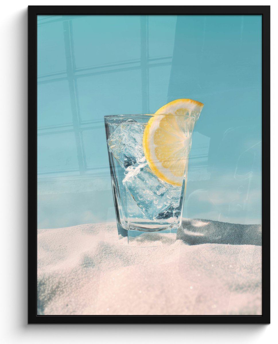 FrameYourWall Poster in lijst - Fotolijst 60x80 cm - Posters - Glas - ijsblokjes - Citroen - Posterlijst zwart - Decoratie - Wanddecoratie woonkamer - Muurdecoratie slaapkamer