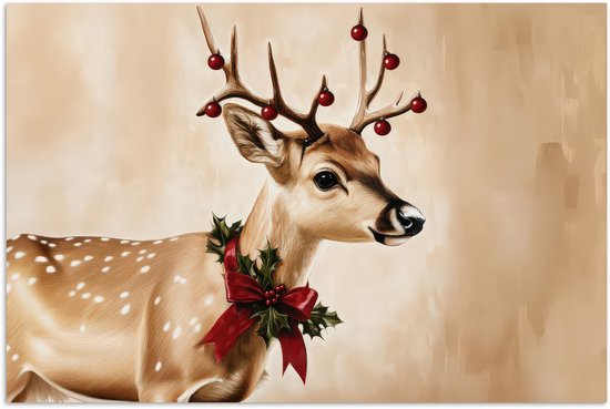 Poster 30x20 cm - Gewei - Kerst - Rendier - Rood - Posters - Kamer decoratie - Wanddecoratie woonkamer - Muurdecoratie slaapkamer - Kerstversiering - Kerstdecoratie voor binnen - Kerstmis