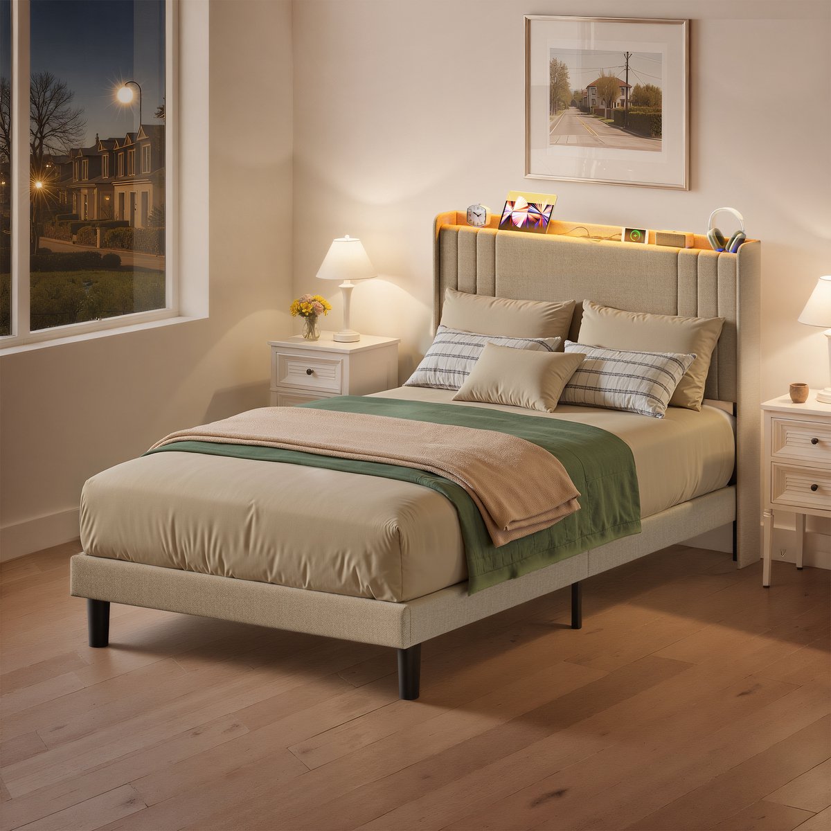 Xbro Gestoffeerd Bed 120 x 200 cm – met LED-Verlichting & USB/Type-C Oplaadpoort – Tweepersoonsbed met Hoofdbord en Lattenbodem – Beige