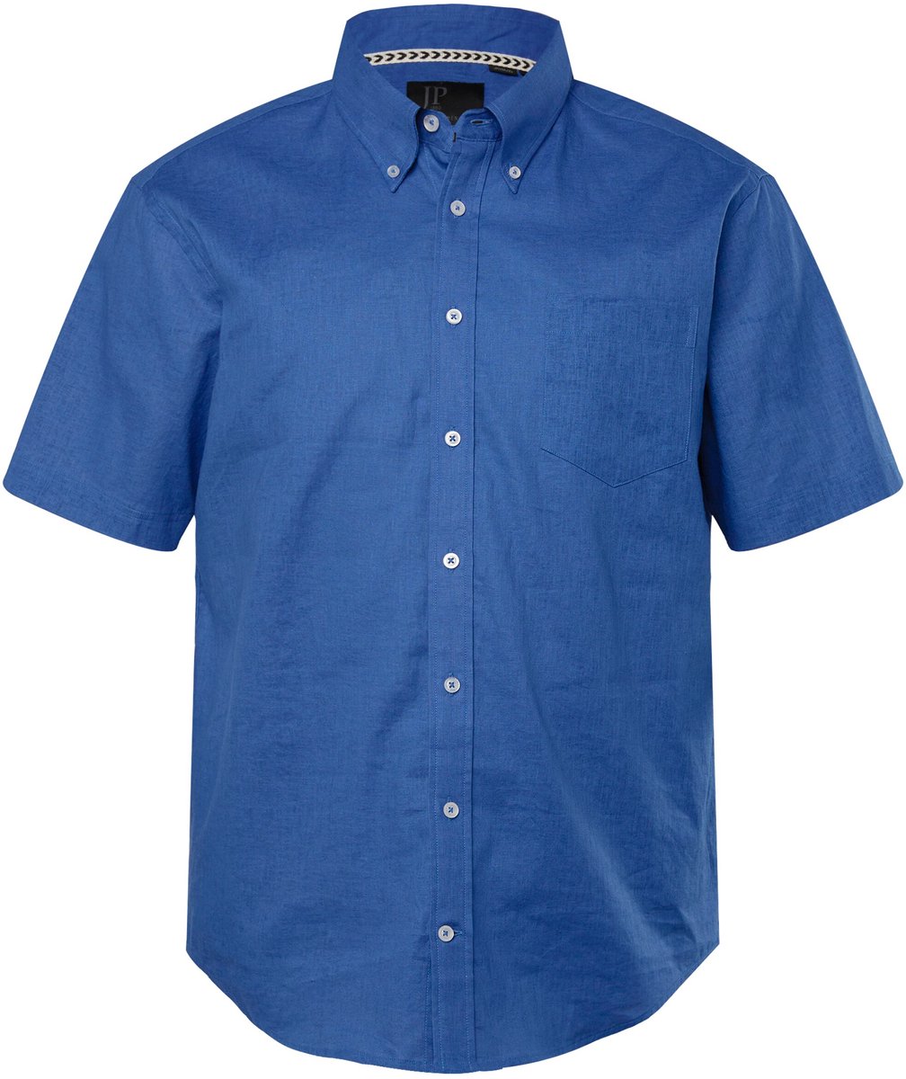 JP 1880 - Heren - Overhemd van een linnenmix korte mouwen button-down kraag - Kobalt blauw - Maat XL