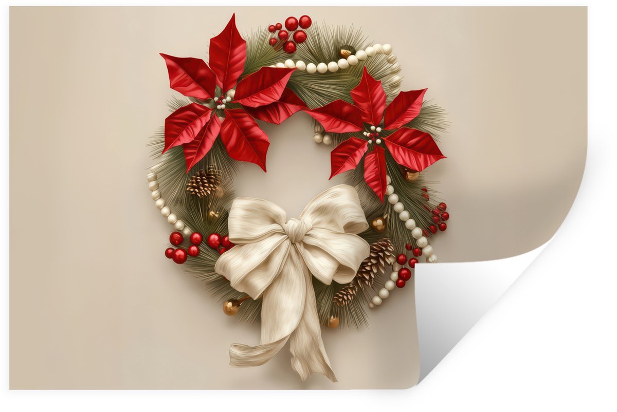 Muurstickers - Sticker Folie - Deurkrans - Strik - Kerst - Rood - Groen - 30x20 cm - Plakf