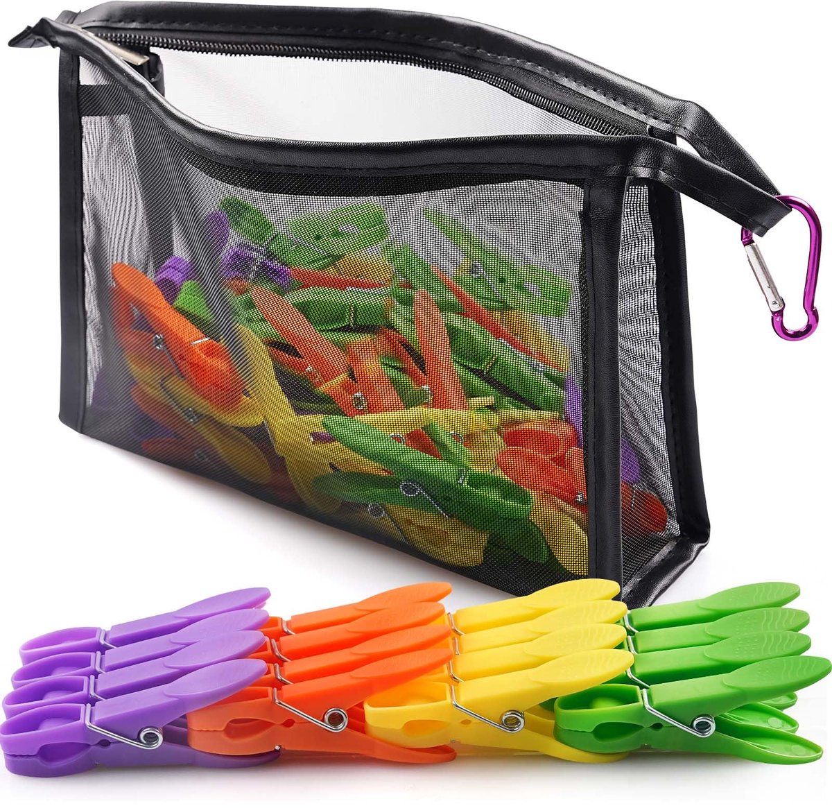 Ibenzoa® Set van 48 kleurrijke wasknijpers met draagbare opbergtas en karabijnhaak