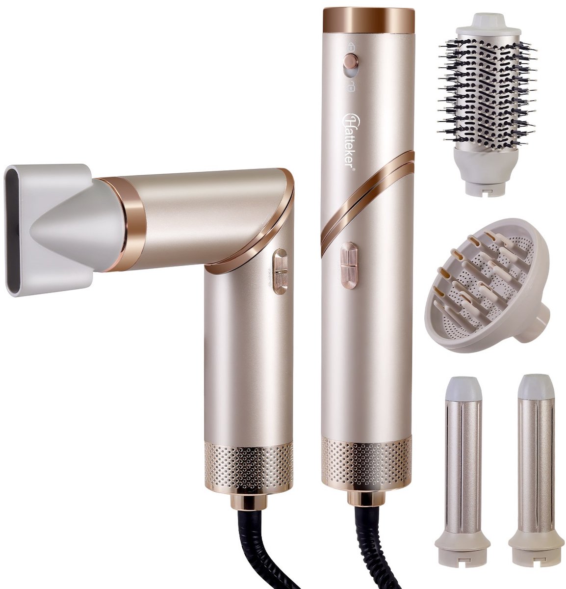 Hatteker Multistyler 5-in-1 - Haardroger, Föhnborstel & Krultang - Complete Styling Set voor Krullen en Steil Haar - 110.000 RPM, Opvouwbare, Ionentechnologie - Hatteker - €49,99