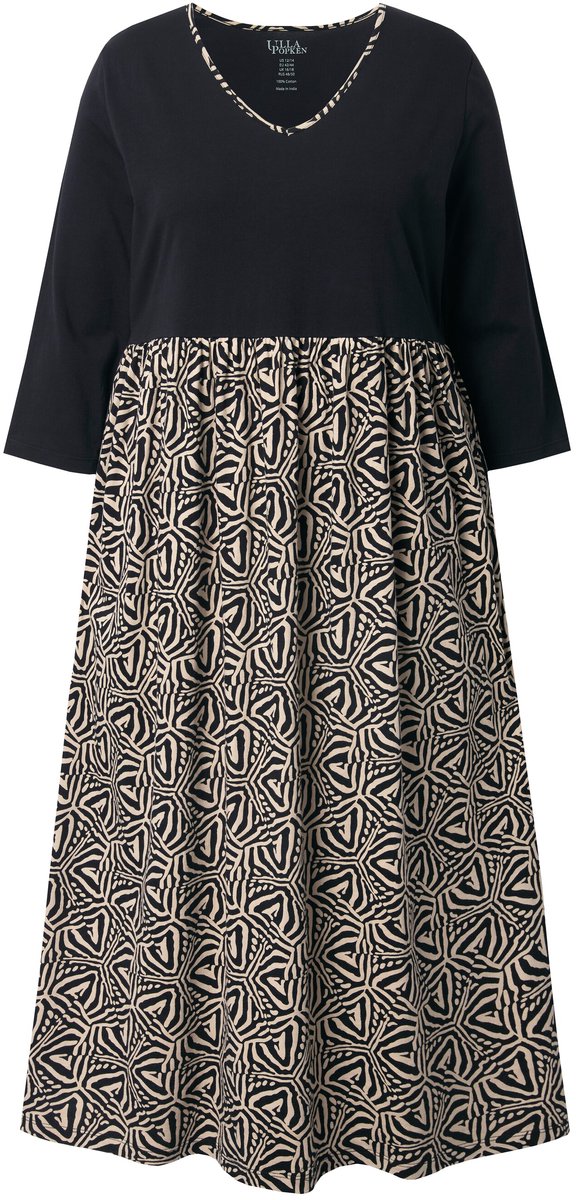 Ulla Popken Dames - Jersey jurk A-lijn V-hals 3/4-mouw - Zwart - Maat 50+