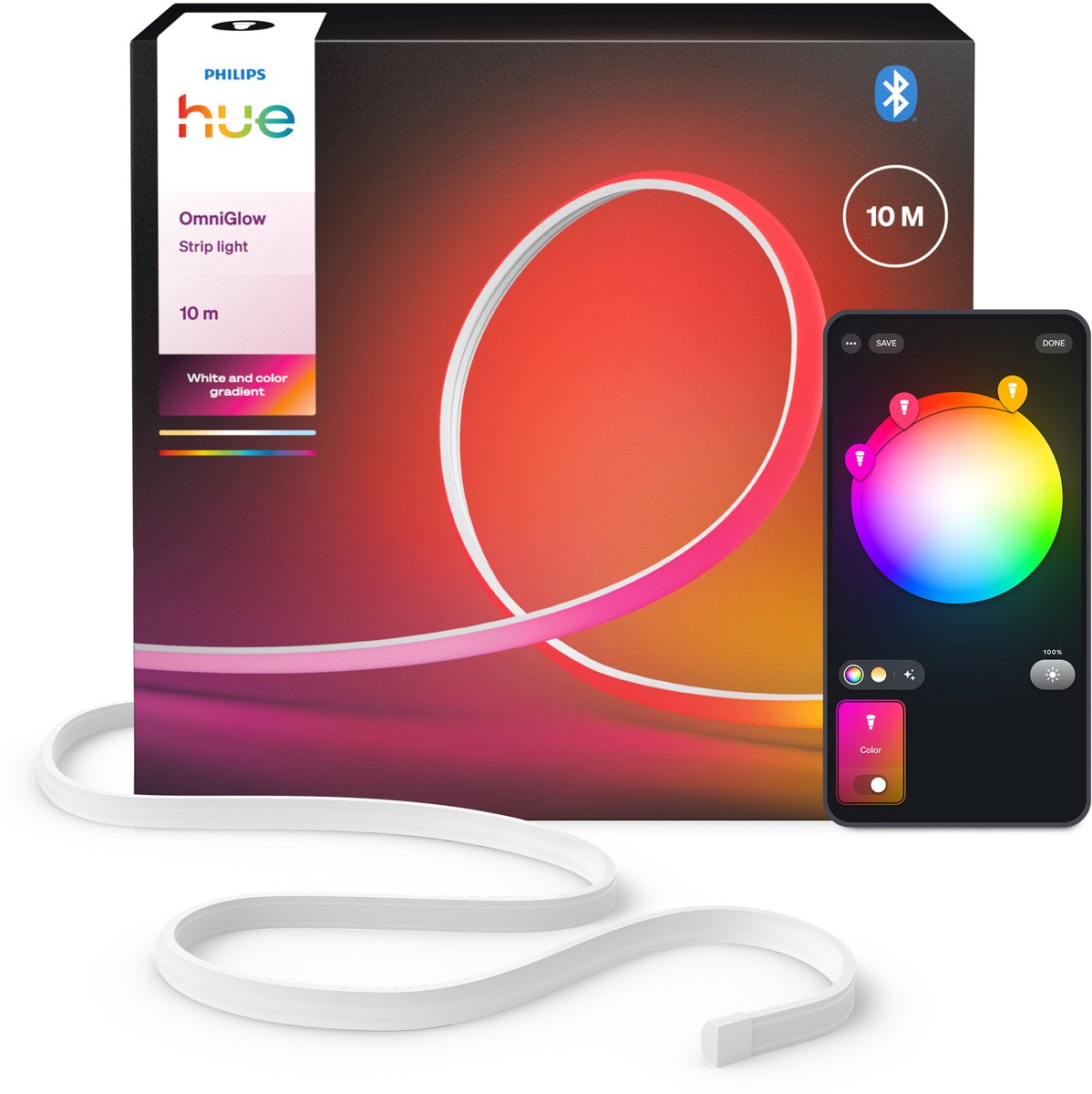 Philips Hue OmniGlow LED strip 10 m, OmniGlow, Gelijkmatig licht en kleurovergangen, Ultrahelder, echt wit licht 4500 lumen