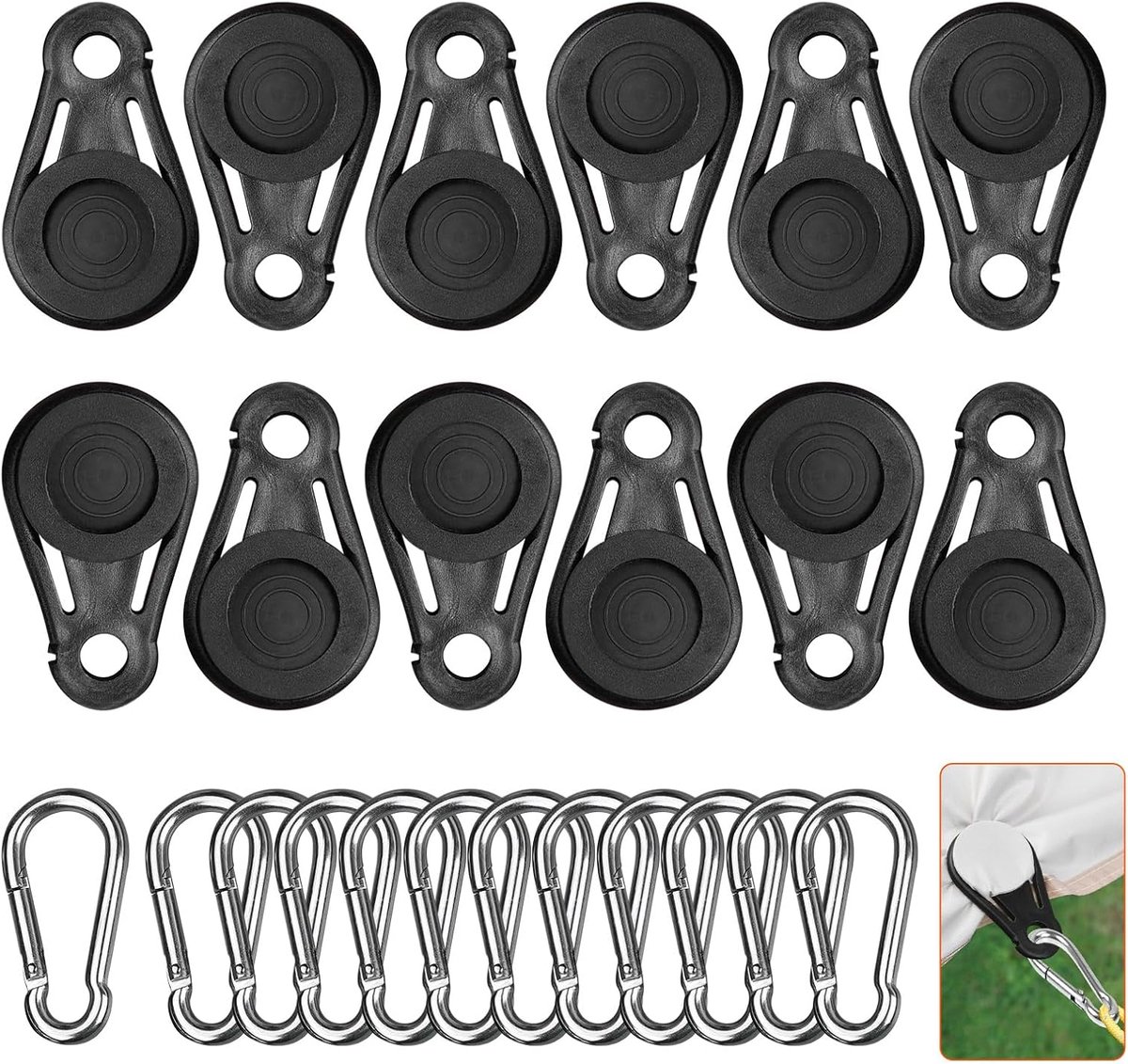 Tarpclip, 12 sets plastic tarpclips en roestvrijstalen karabijnhaak, kampeertentclip, tarpbevestigingsclips, windclip voor tentluifel, kamperen in de buitenlucht - Cyslmuk®