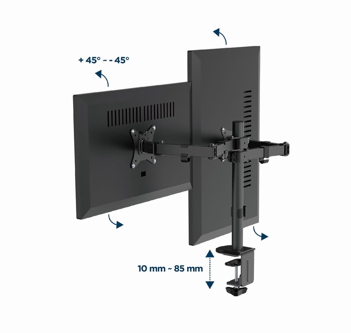 Gembird Bureau Monitorarm voor Dubbele Monitoren, 17–32 Inch, Tot 9 kg per Monitor, Rotatie, Kanteling & Zwenking, VESA-compatibel, Ingebouwd Kabelbeheer, Zwart thumbnail 6