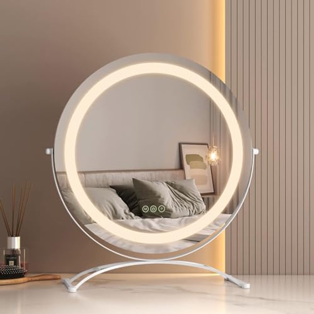 Hollywood spiegel met 3 lichtkleuren, Ø 50 cm make-upspiegel met verlichting, smart-touch, dimbaar en 360° draaibaar