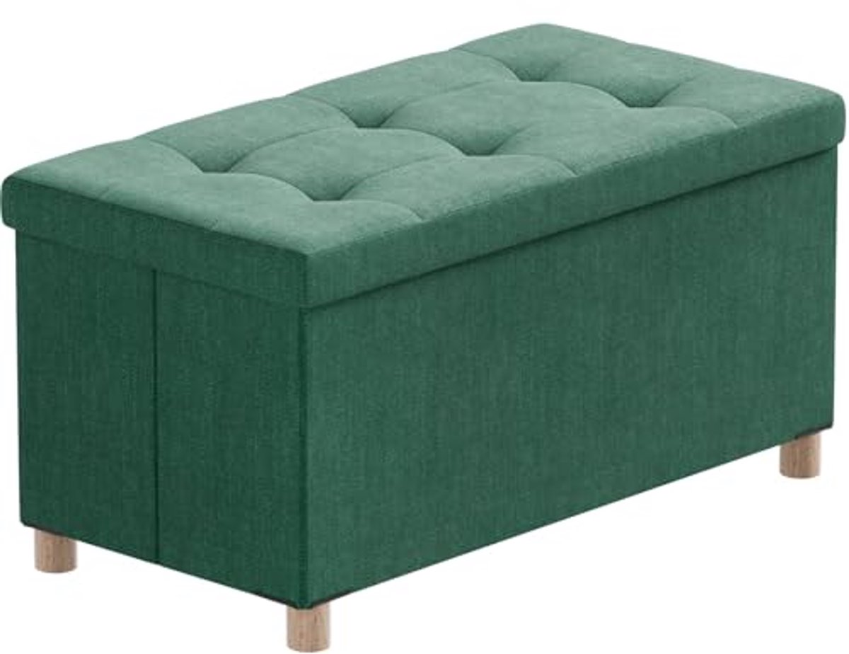 Ottoman Opbergbank met 4 Houten Poten - Linnen Opbergpoef voor de Woonkamer - Donkergroen 76 x 38 x 38 cm