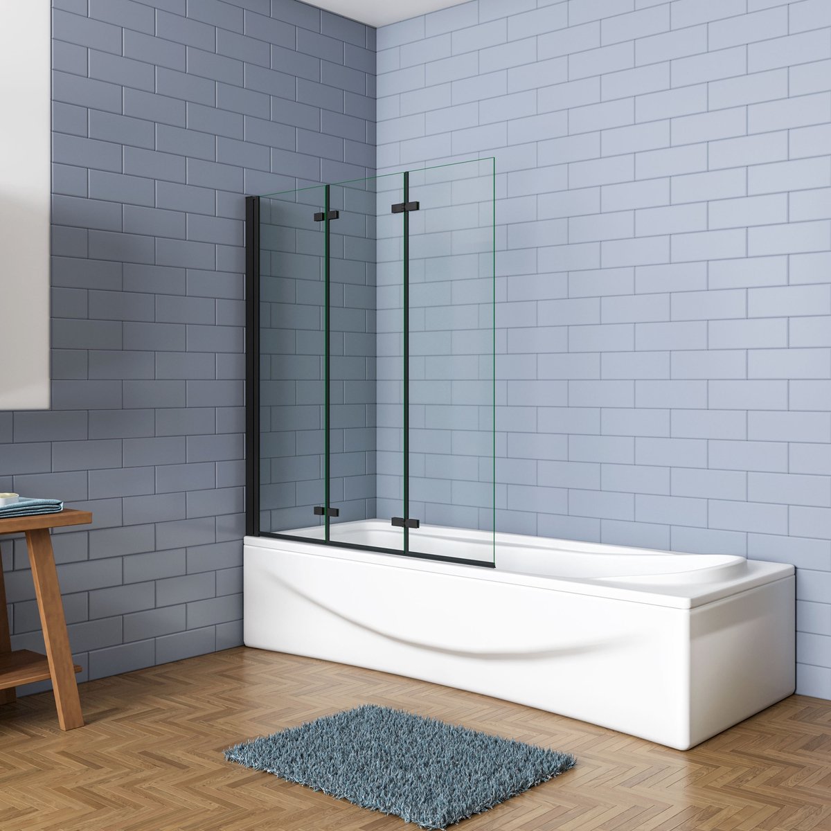 Aica Luxe Badwand 130x140cm-3-Delig Inklapbaar 6mm Transparant Easy Clean Gehard Glas-mat zwart-Eenvoudige Montage