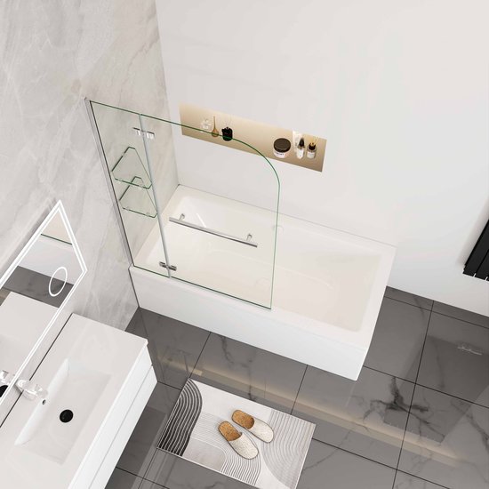Aica Klassieke Badwand 100x140cm-Vast Paneel+Scharnierend Glas 6mm Transparant Gehard Glas-Chroom Frame-Met Plank en Handdoekhouder–Eenvoudige Montage
